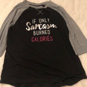Black and gray t shirt with wording